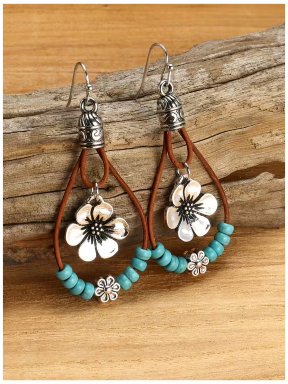 Boho Floral Teardrop Earrings Western-Bohemian Turquoise Leather Silver Beads
